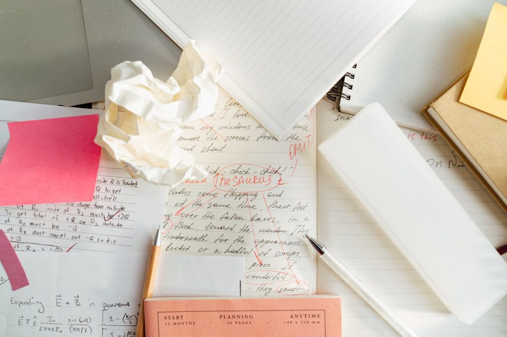 Papiers posés sur une table, froissés, raturés et avec des éléments entourés en rouge.