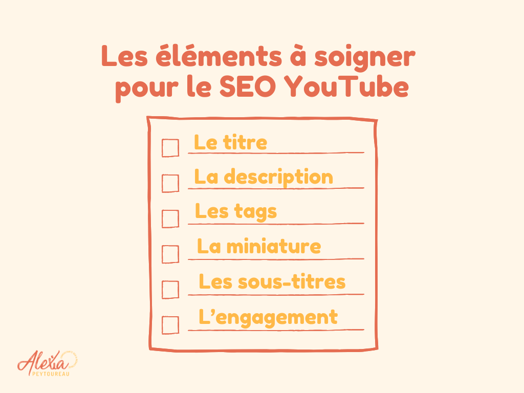 Checklist visuelle des éléments à soigner pour le SEO sur YouTube