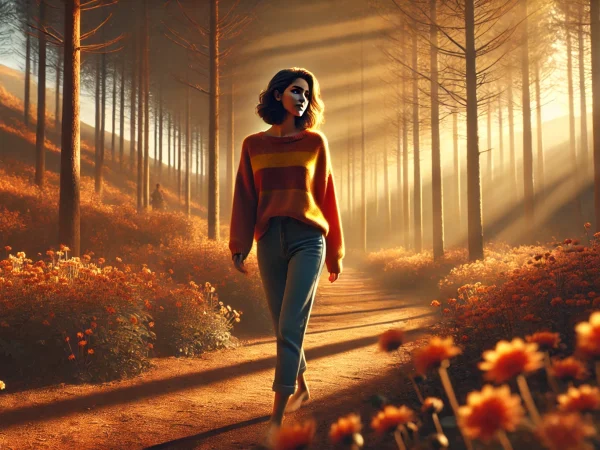 Jeune femme marchant dans la forêt, image générée avec l'aide de Dall-E.