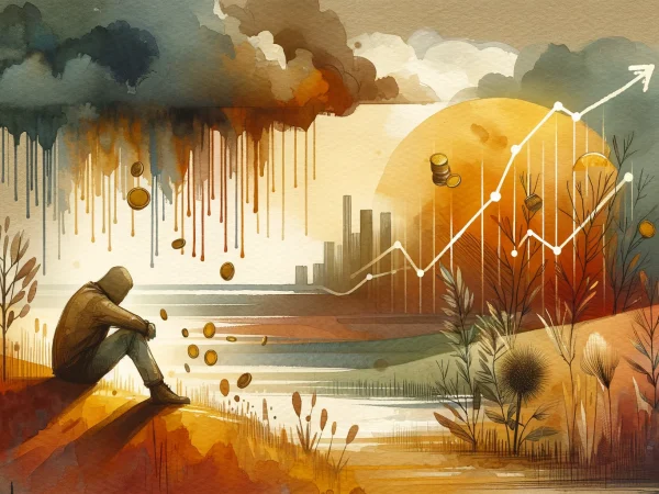 Image créée avec Dall-E représentant une période de crise avec quelqu'un assis et une perte d'argent.